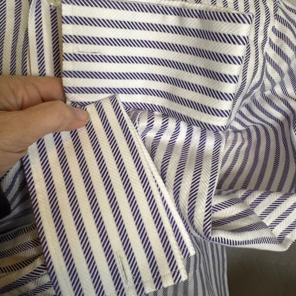 Paul Fredrick Blue White Herringbone Stripe French Cuff Dress Shirt 15.5 32 - Picture 5 of 8